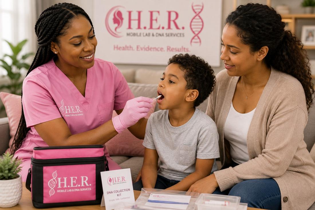 Nurse collecting a gentle cheek-swab DNA sample from a parent and child