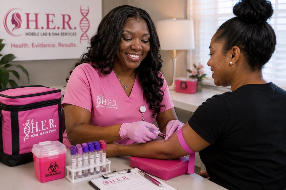 Nurse in pink H.E.R. scrubs performing an at-home blood draw