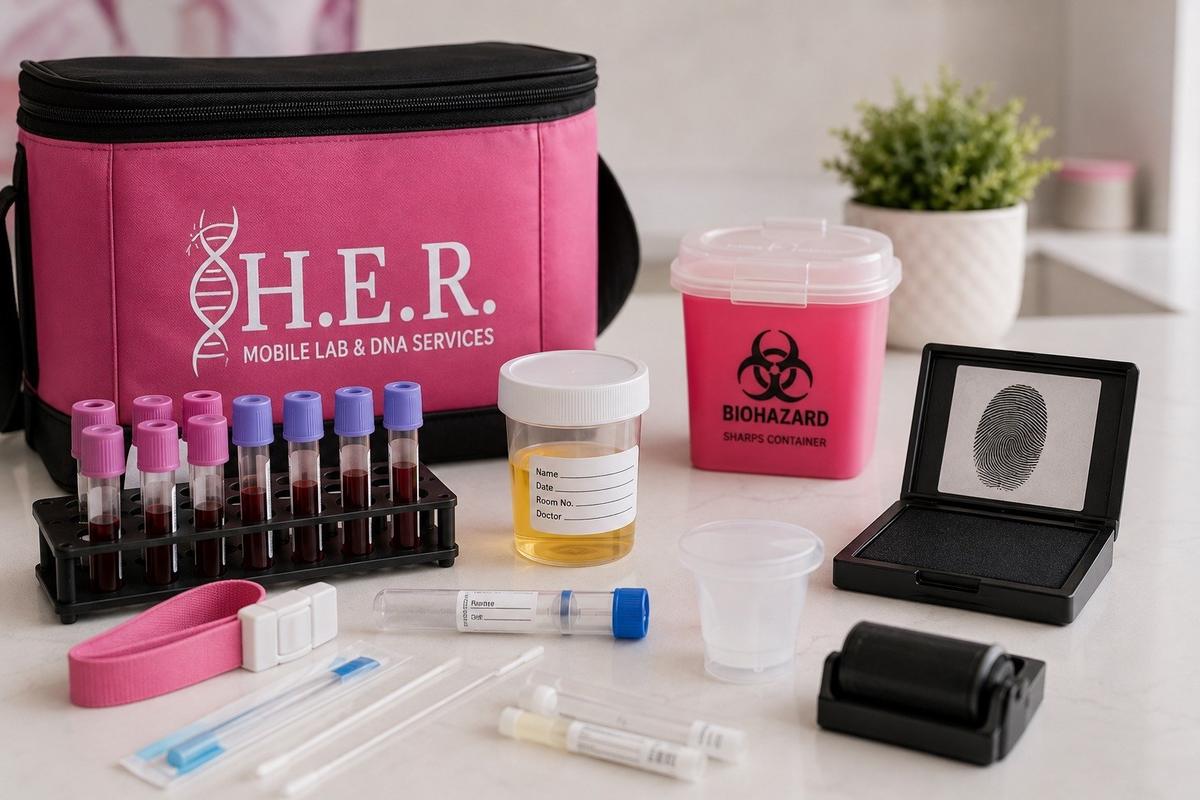H.E.R. branded mobile lab kit bag with blood tubes, urine cup, biohazard container, and fingerprinting supplies