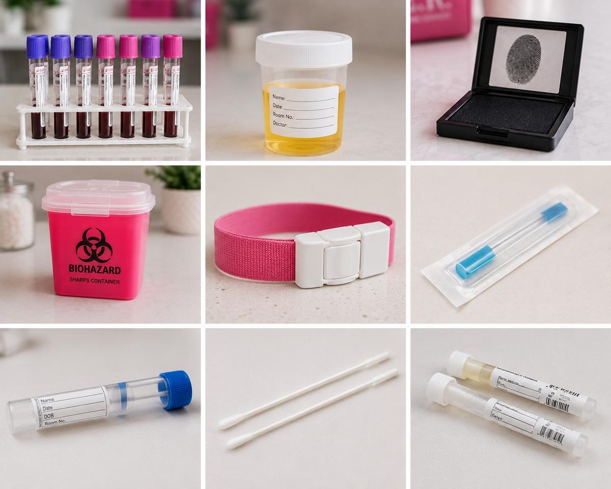 Grid of H.E.R. mobile lab collection supplies: blood tubes, urine cup, fingerprint kit, biohazard sharps container, wristband, DNA swab, and labeled vials